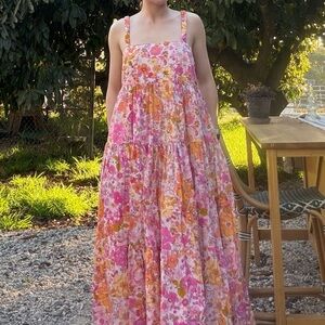 Free People Pink and Orange Floral Tiered Maxi Dress